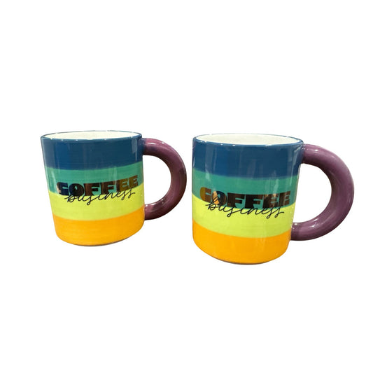 Tabitha Brown Set Of 2 Ceramic Coffee Mugs With Rainbow Stripes & Purple Handles Dishwasher Safe