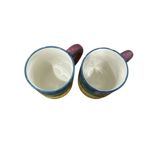 Tabitha Brown Set Of 2 Ceramic Coffee Mugs With Rainbow Stripes & Purple Handles Dishwasher Safe