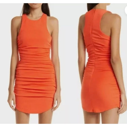 Cinq À Sept Orange Ruched Mini Dress With Sleeveless Design & Back Zipper Closure Size 6 Made Of Stretchy Fabric