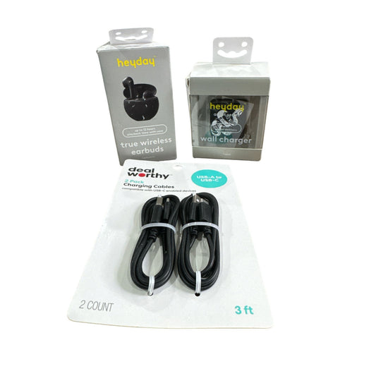 Heyday True Wireless Earbuds With Case Wall Charger And Deal-Worthy USB-A To USB-C 2-Pack Charging Cables