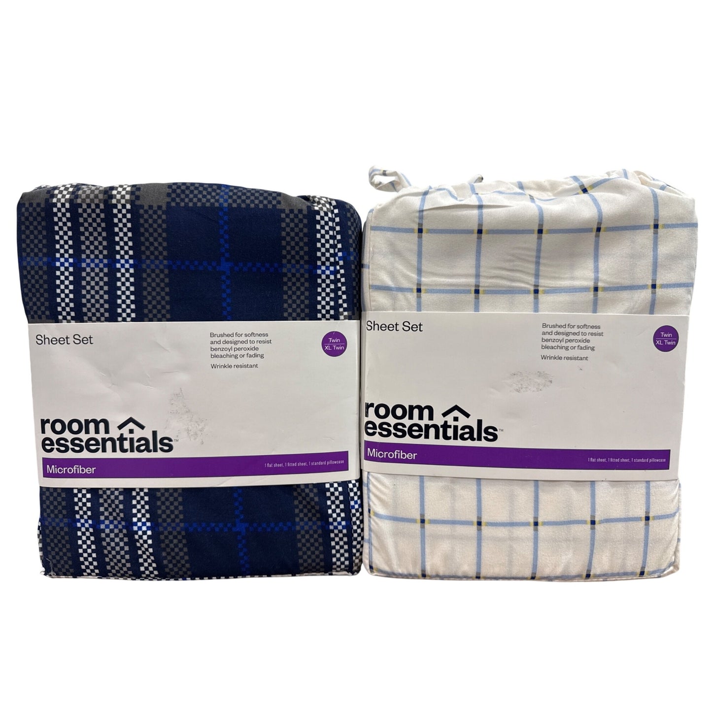 Room Essentials Twin XL Microfiber Sheet Set Blue & White Plaid Wrinkle-Resistant Recycled Polyester