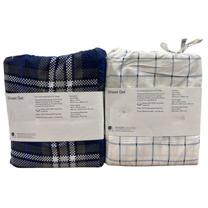 Room Essentials Twin XL Microfiber Sheet Set Blue & White Plaid Wrinkle-Resistant Recycled Polyester