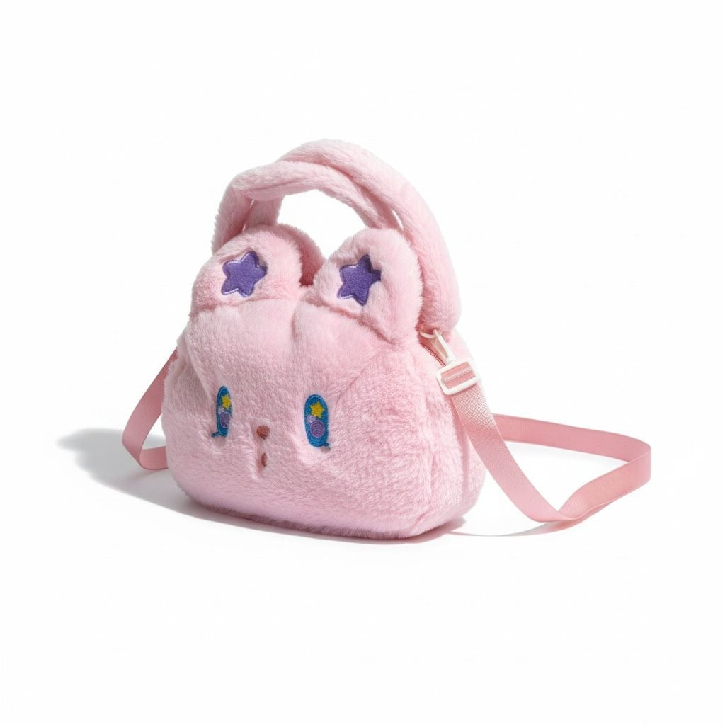 Cute Bunny-Shaped Pink Plush Crossbody Bag With Adjustable Strap & Zipper Closure For Kids Or Teens