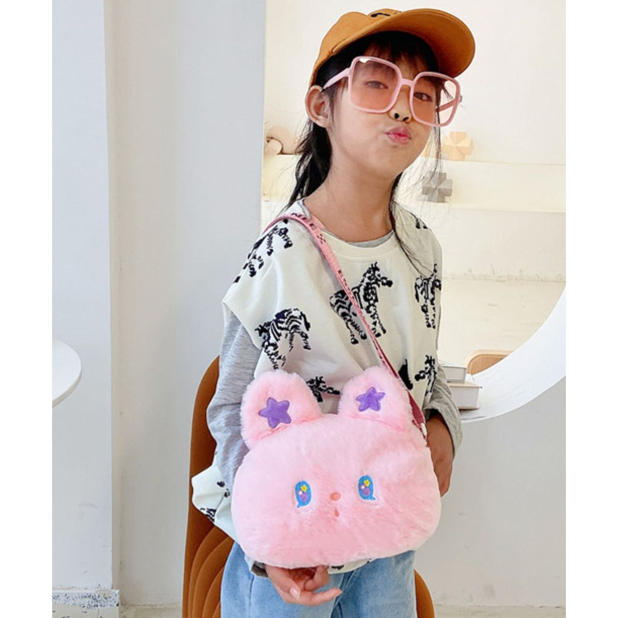 Cute Bunny-Shaped Pink Plush Crossbody Bag With Adjustable Strap & Zipper Closure For Kids Or Teens
