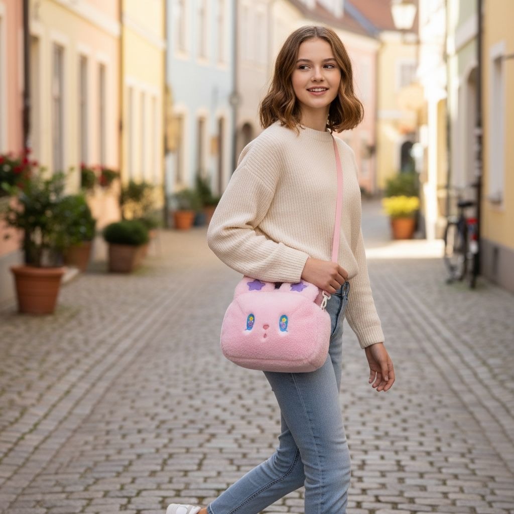 Cute Bunny-Shaped Pink Plush Crossbody Bag With Adjustable Strap & Zipper Closure For Kids Or Teens
