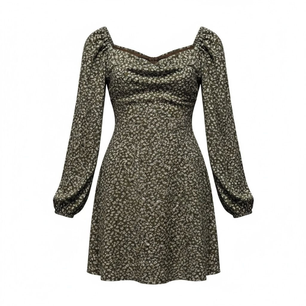 Floral Long-Sleeve Mini Dress With Sweetheart Neckline By Lush Brown & Lilac Size Large