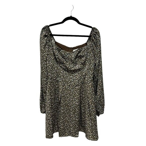 Floral Long-Sleeve Mini Dress With Sweetheart Neckline By Lush Brown & Lilac Size Large