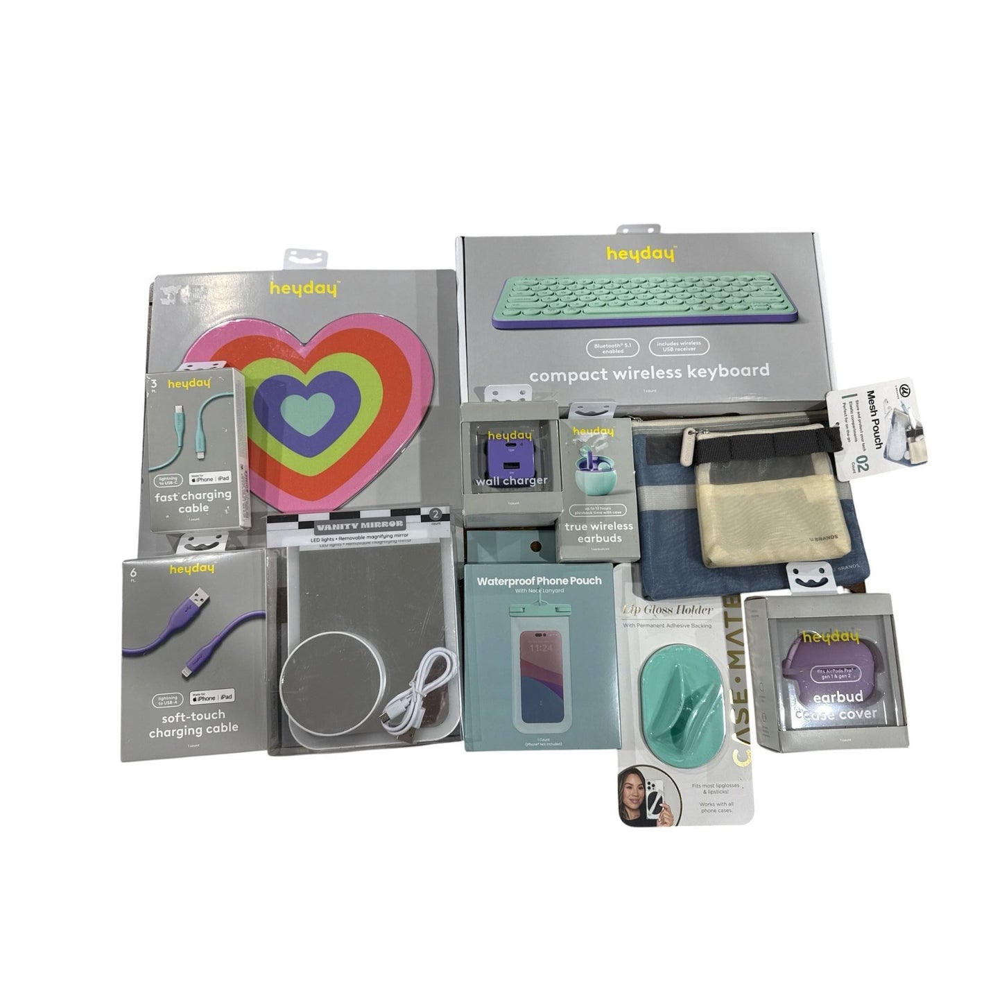 Set of 11 pcs Heyday Tech & Lifestyle Bundle: Wireless Keyboard, Charging Cables,  Mouse Pad, Vanity Mirror, Phone Pouch & More