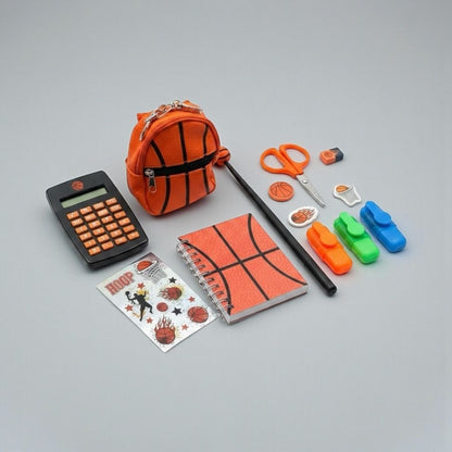 Basketball-Themed Stationery Set With Mini Backpack, Notebook Calculator, Scissors, Stickers, Erasers, Highlighters, Pen & Sharpener