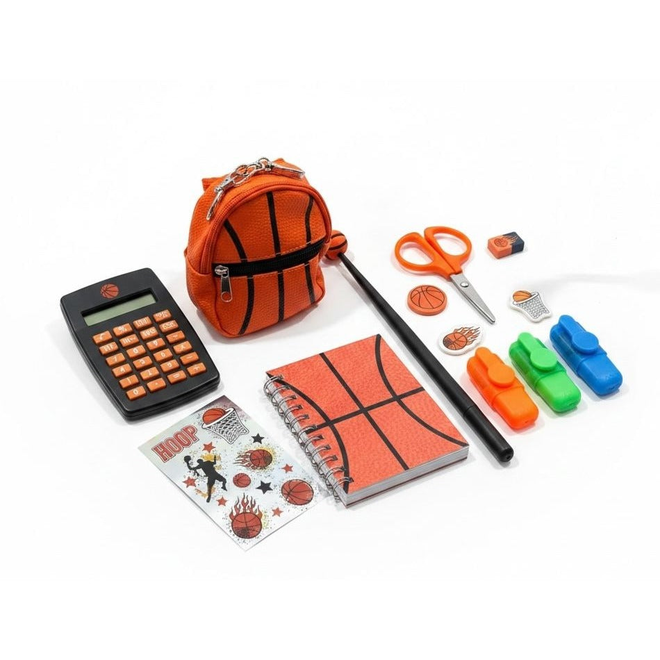 Basketball-Themed Stationery Set With Mini Backpack, Notebook Calculator, Scissors, Stickers, Erasers, Highlighters, Pen & Sharpener