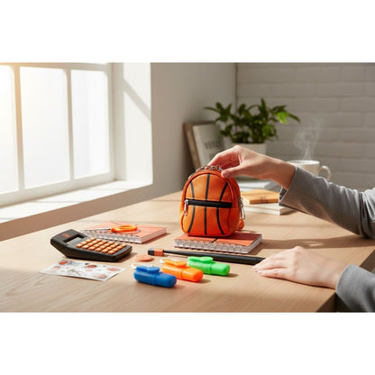 Basketball-Themed Stationery Set With Mini Backpack, Notebook Calculator, Scissors, Stickers, Erasers, Highlighters, Pen & Sharpener
