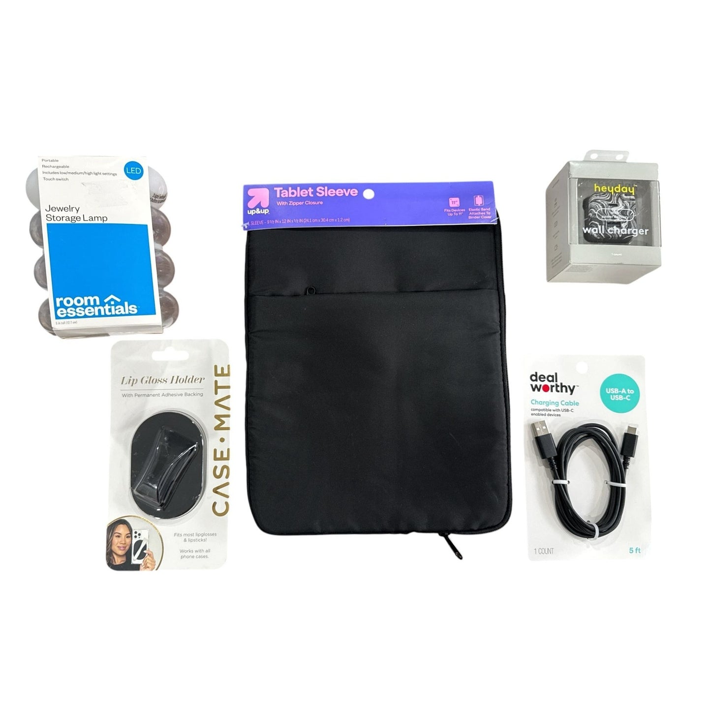 Assorted Electronics & Accessories Bundle: USB-C Cable, Wall Charger, LED Lamp, Tablet Sleeve, & Lip Gloss Holder