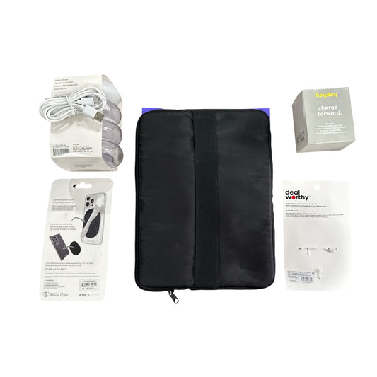 Assorted Electronics & Accessories Bundle: USB-C Cable, Wall Charger, LED Lamp, Tablet Sleeve, & Lip Gloss Holder