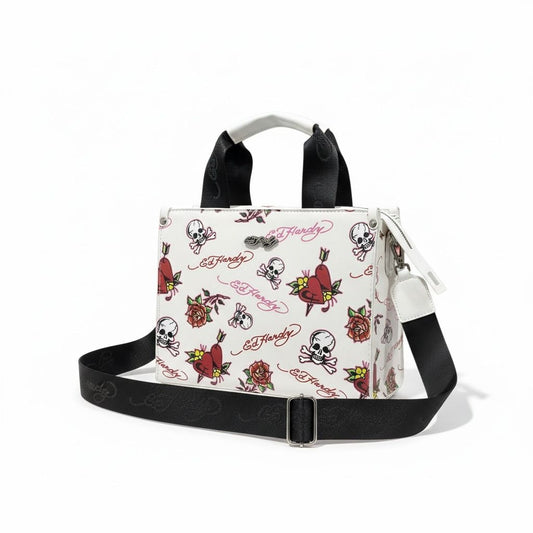 Ed Hardy Tattoo Print White Mini Tote Bag With Adjustable Strap & Zip Closure