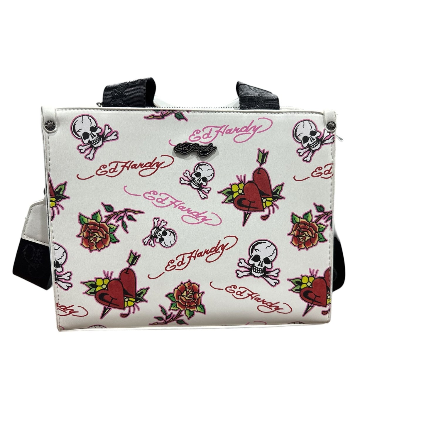 Ed Hardy Tattoo Print White Mini Tote Bag With Adjustable Strap & Zip Closure