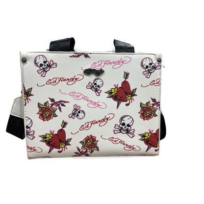 Ed Hardy Tattoo Print White Mini Tote Bag With Adjustable Strap & Zip Closure