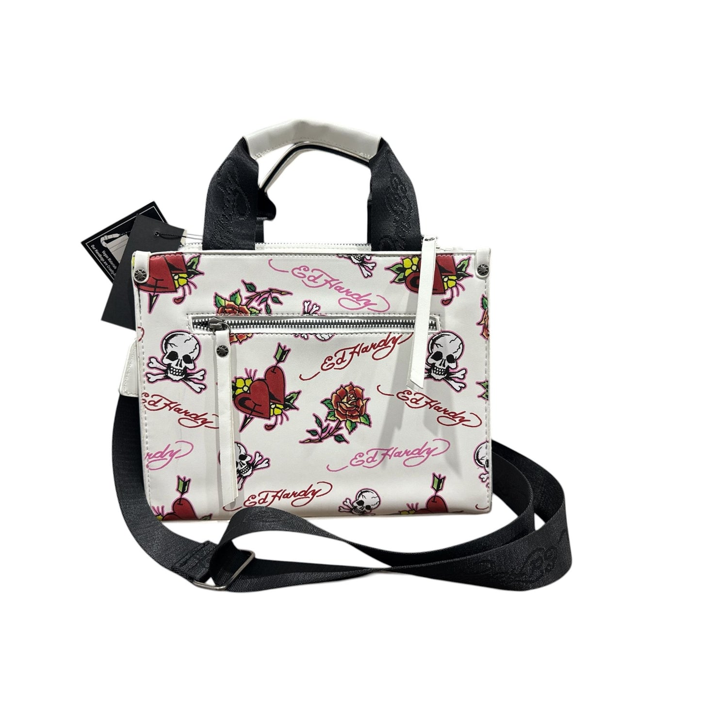 Ed Hardy Tattoo Print White Mini Tote Bag With Adjustable Strap & Zip Closure