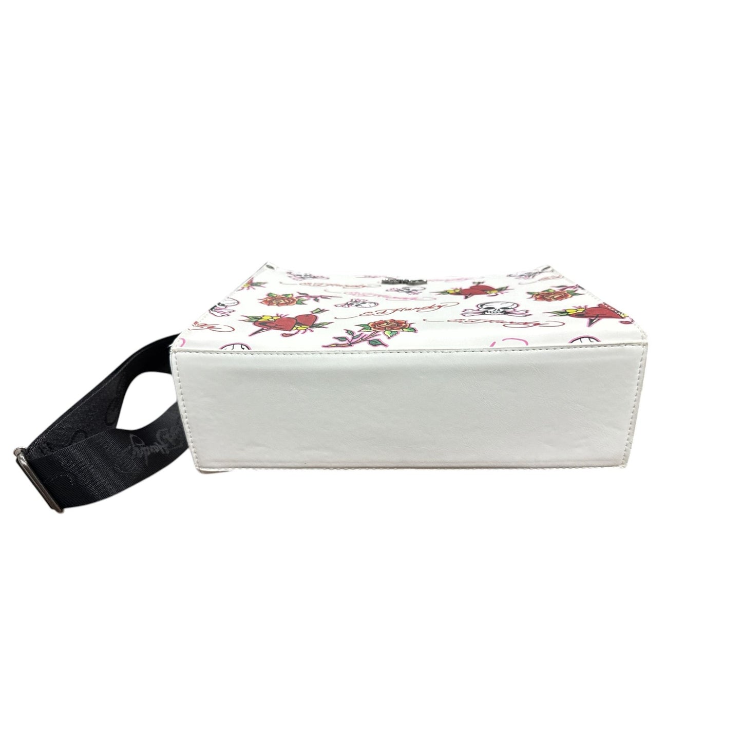 Ed Hardy Tattoo Print White Mini Tote Bag With Adjustable Strap & Zip Closure