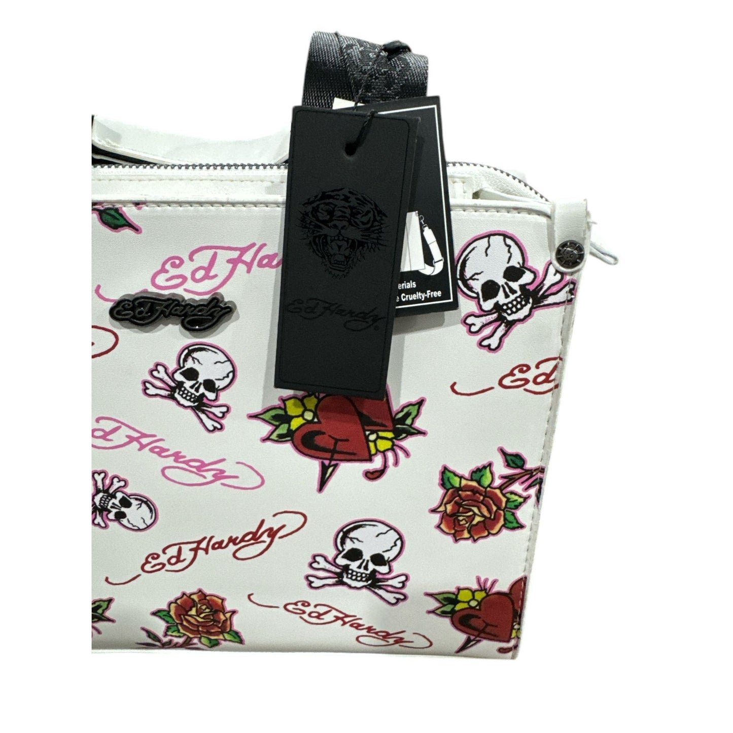 Ed Hardy Tattoo Print White Mini Tote Bag With Adjustable Strap & Zip Closure