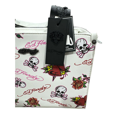 Ed Hardy Tattoo Print White Mini Tote Bag With Adjustable Strap & Zip Closure