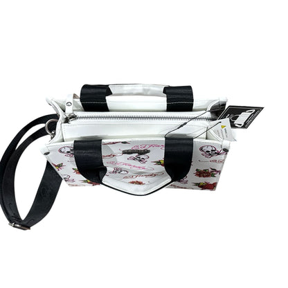 Ed Hardy Tattoo Print White Mini Tote Bag With Adjustable Strap & Zip Closure