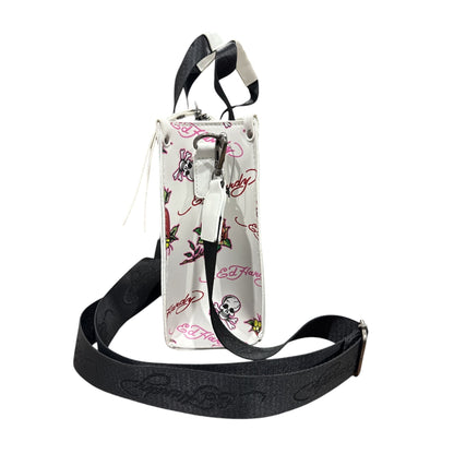 Ed Hardy Tattoo Print White Mini Tote Bag With Adjustable Strap & Zip Closure