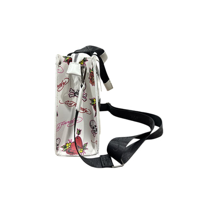 Ed Hardy Tattoo Print White Mini Tote Bag With Adjustable Strap & Zip Closure