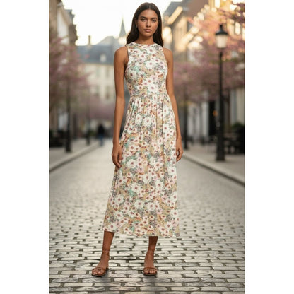 Fourteenth Place Floral Sleeveless Maxi Dress In Multicolor With Pleated Skirt & Back Keyhole Closure. LARGE