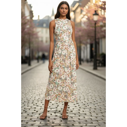Fourteenth Place Floral Sleeveless Maxi Dress In Multicolor With Pleated Skirt & Back Keyhole Closure. LARGE