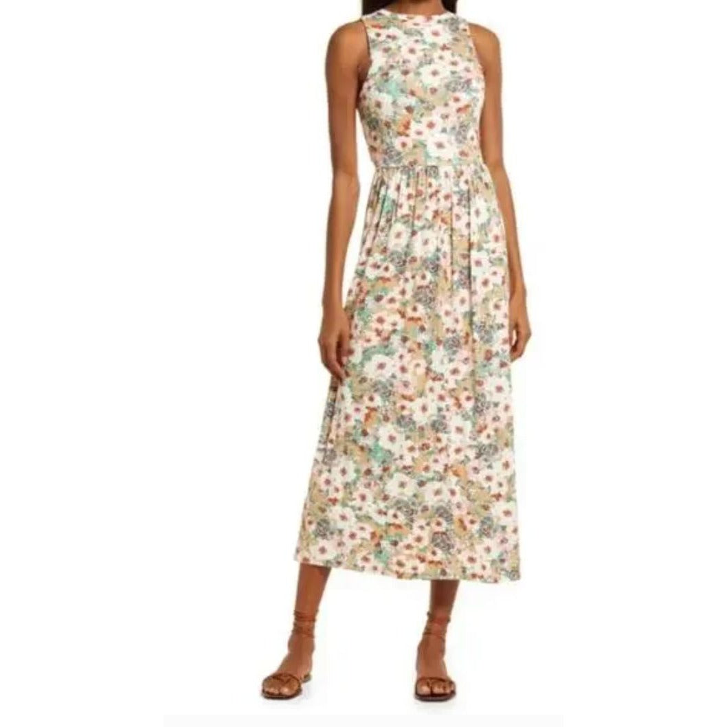 Fourteenth Place Floral Sleeveless Maxi Dress In Multicolor With Pleated Skirt & Back Keyhole Closure. LARGE