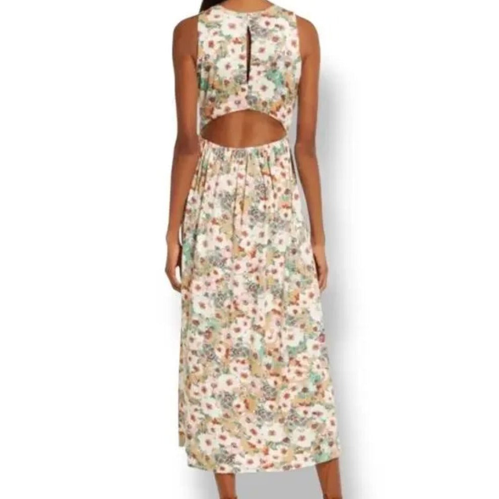 Fourteenth Place Floral Sleeveless Maxi Dress In Multicolor With Pleated Skirt & Back Keyhole Closure. LARGE