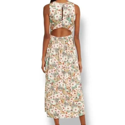 Fourteenth Place Floral Sleeveless Maxi Dress In Multicolor With Pleated Skirt & Back Keyhole Closure. LARGE