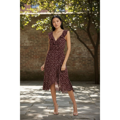 Socialite Burgundy Ruffle Wrap Midi Dress XS Floral Print