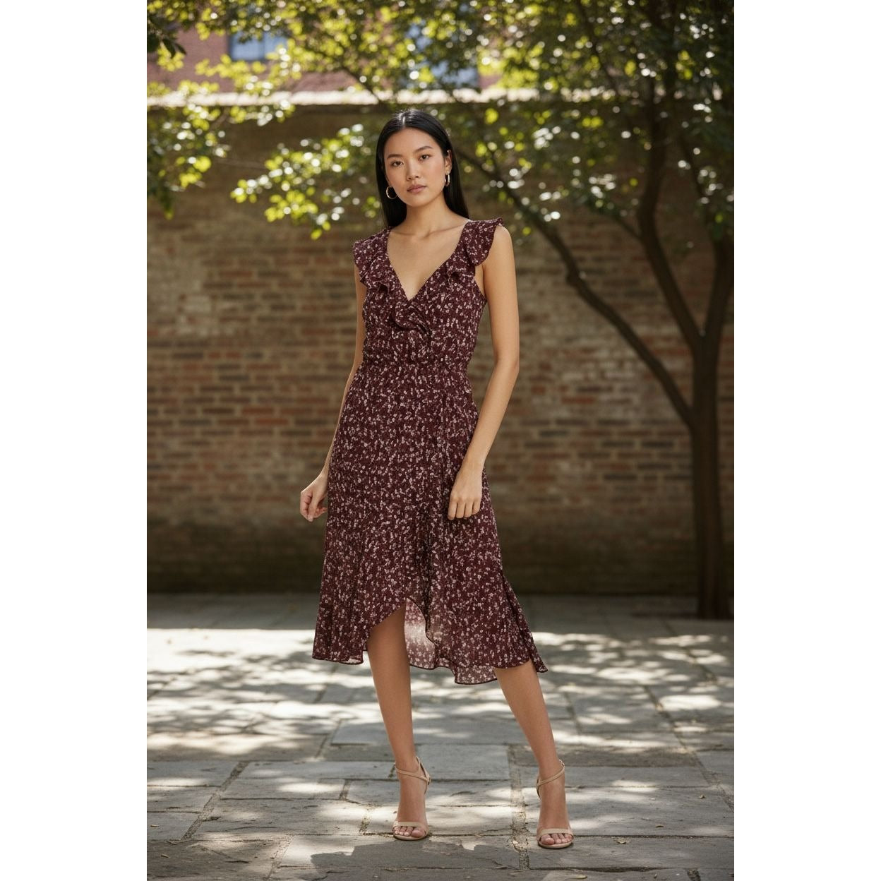 Socialite Burgundy Ruffle Wrap Midi Dress XS Floral Print