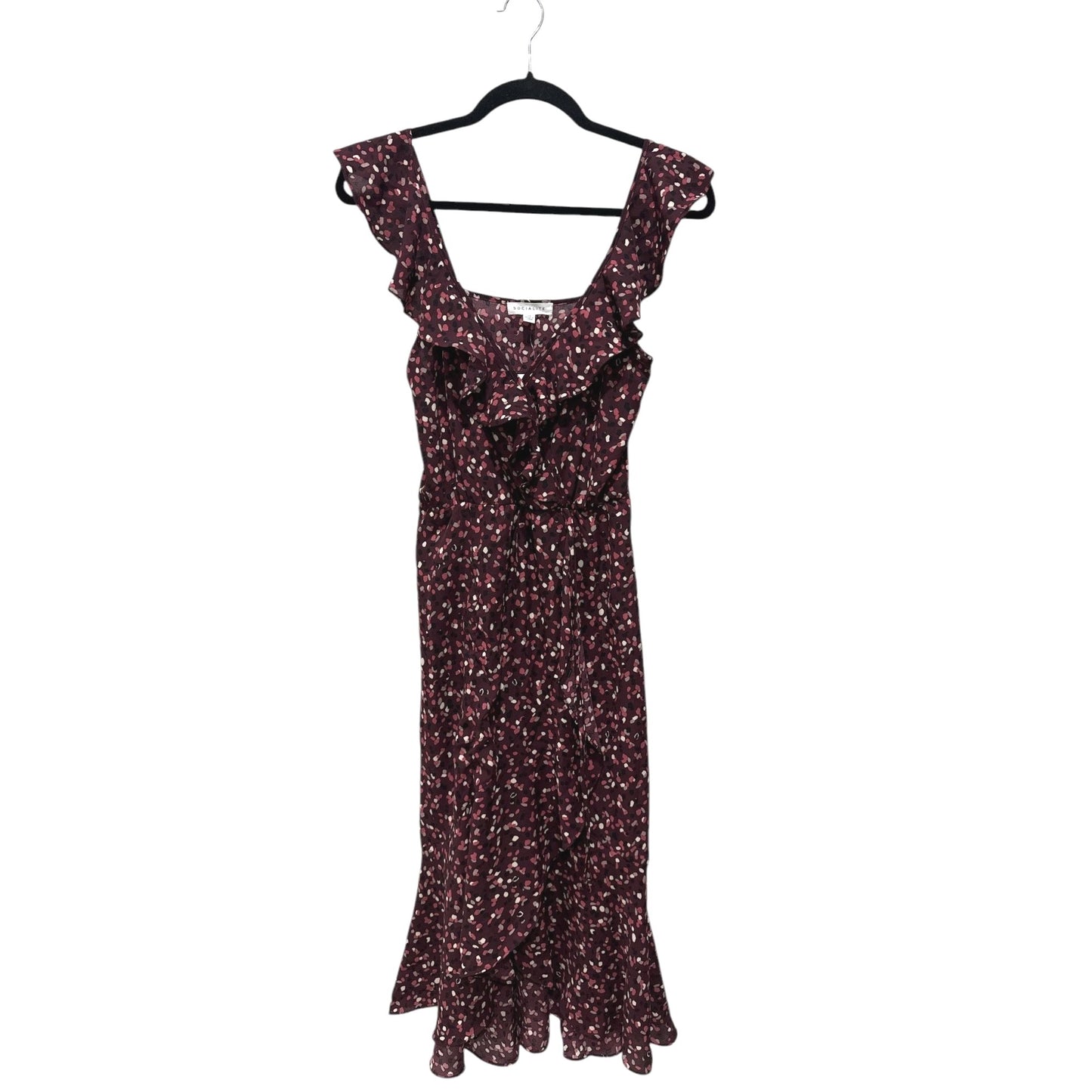Socialite Burgundy Ruffle Wrap Midi Dress XS Floral Print