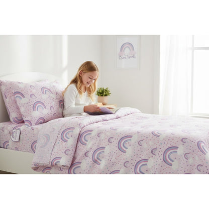 To Born Sparkle 3-Piece Twin Sheet Set With Rainbows & Hearts Pink & Purple 100% Polyester