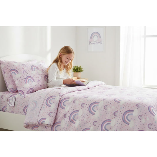 To Born Sparkle 3-Piece Twin Sheet Set With Rainbows & Hearts Pink & Purple 100% Polyester
