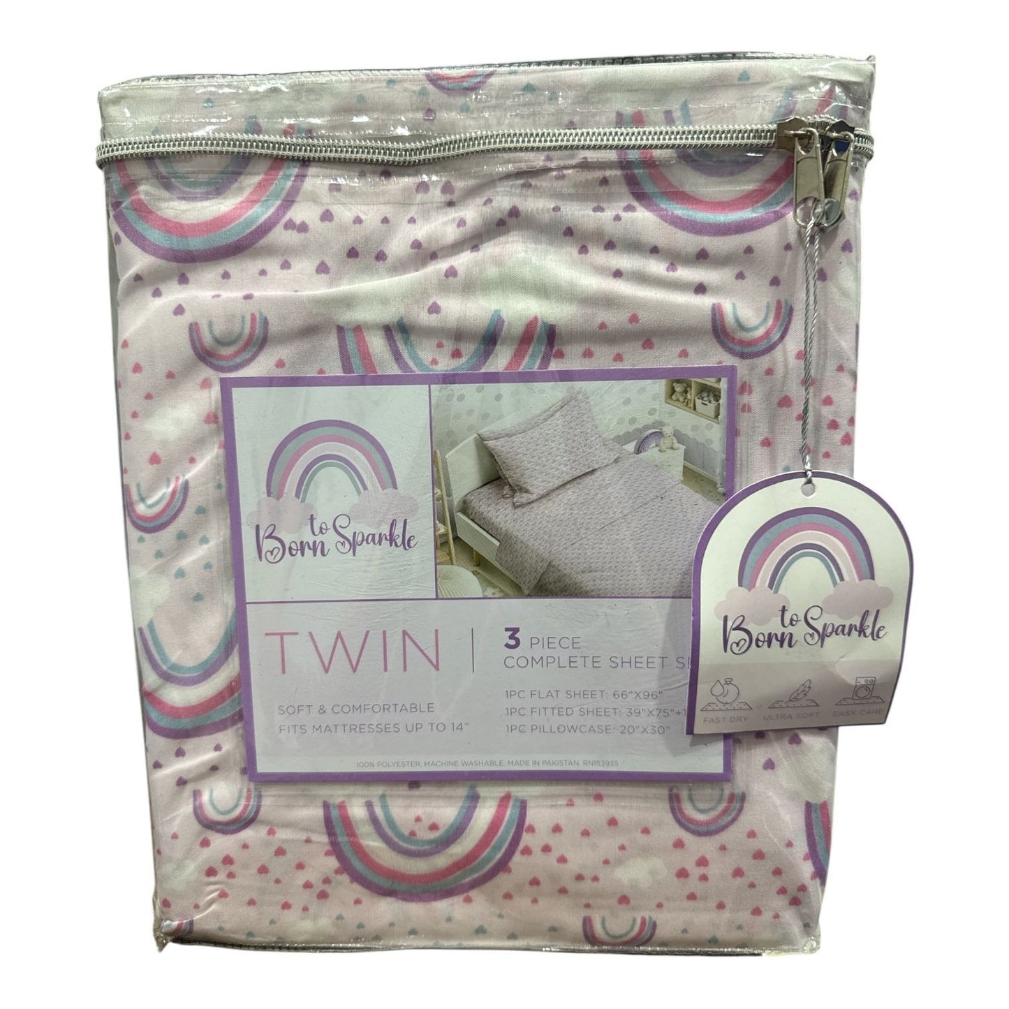 To Born Sparkle 3-Piece Twin Sheet Set With Rainbows & Hearts Pink & Purple 100% Polyester