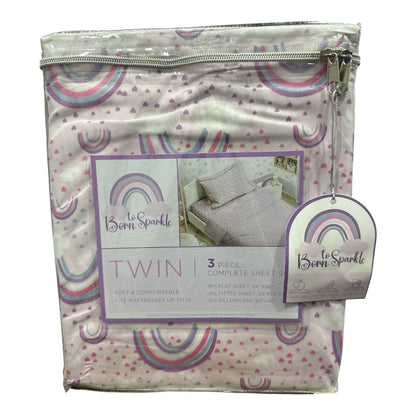 To Born Sparkle 3-Piece Twin Sheet Set With Rainbows & Hearts Pink & Purple 100% Polyester