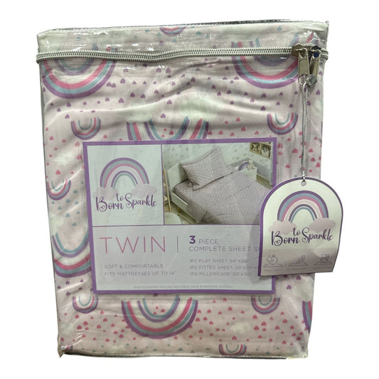 To Born Sparkle 3-Piece Twin Sheet Set With Rainbows & Hearts Pink & Purple 100% Polyester