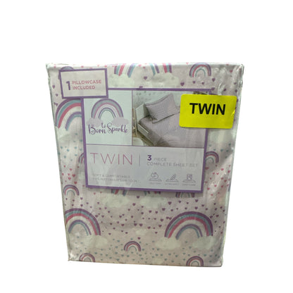 To Born Sparkle 3-Piece Twin Sheet Set With Rainbows & Hearts Pink & Purple 100% Polyester