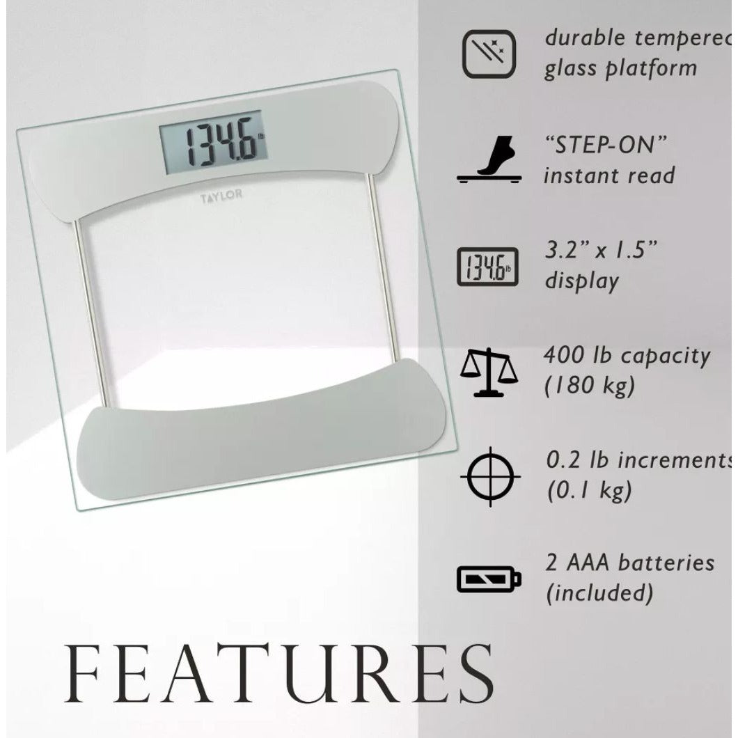 Taylor Glass Digital Scale With 400 LB Capacity Easy-To-Read LCD Display And Tempered Glass Platform