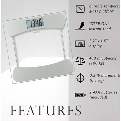 Taylor Glass Digital Scale With 400 LB Capacity Easy-To-Read LCD Display And Tempered Glass Platform
