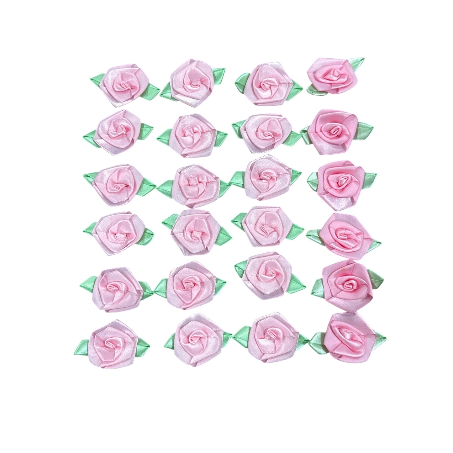 Pink Satin Ribbon Rose Appliques With Green Leaves For Crafting Sewing Decorations 1 Inch Set Of 24