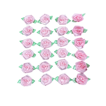 Pink Satin Ribbon Rose Appliques With Green Leaves For Crafting Sewing Decorations 1 Inch Set Of 24