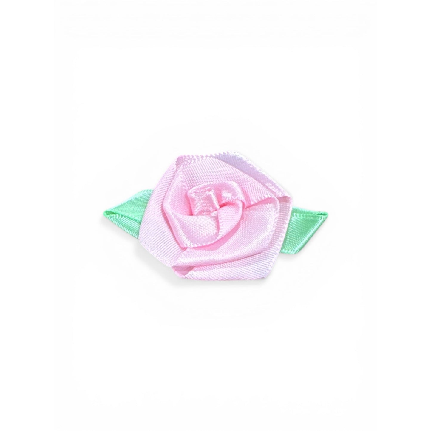 Pink Satin Ribbon Rose Appliques With Green Leaves For Crafting Sewing Decorations 1 Inch Set Of 24