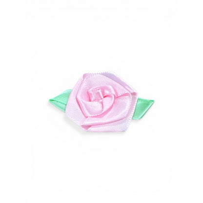 Pink Satin Ribbon Rose Appliques With Green Leaves For Crafting Sewing Decorations 1 Inch Set Of 24