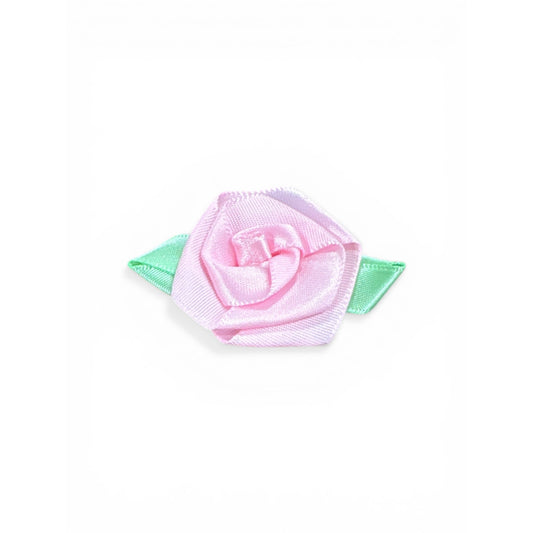 Pink Satin Ribbon Rose Appliques With Green Leaves For Crafting Sewing Decorations 1 Inch Set Of 24