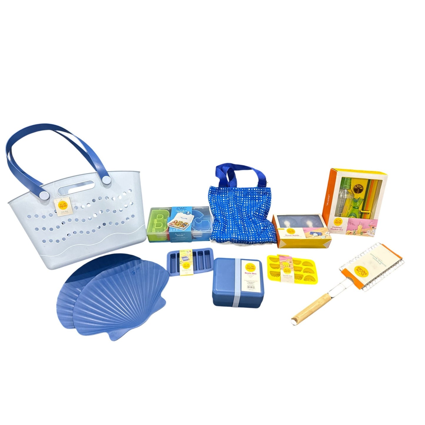 Beach Essentials Bundle Basket Including Tote Bags, Treat Molds, Bento Box, Grill Basket,  Shell Plates, and More By Sun Squad