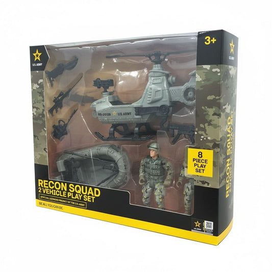 U.S. Army Recon Squad 2 Vehicle Play Set - Helicopter, Military Raft, Weapons & 2 Soldiers - 8 Piece Set
